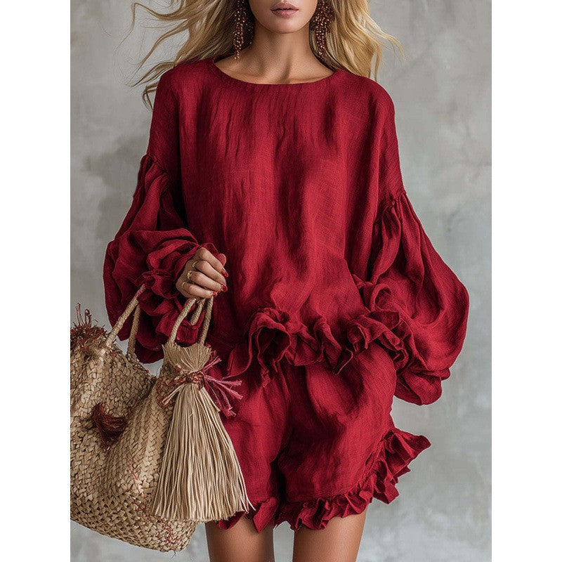 Women's Lantern Sleeve Top and Ruffled Shorts Two-Piece Set - Image 5