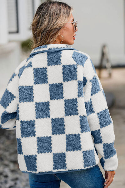 Women’s Checkered Snap Down Teddy Jacket in White and Brown