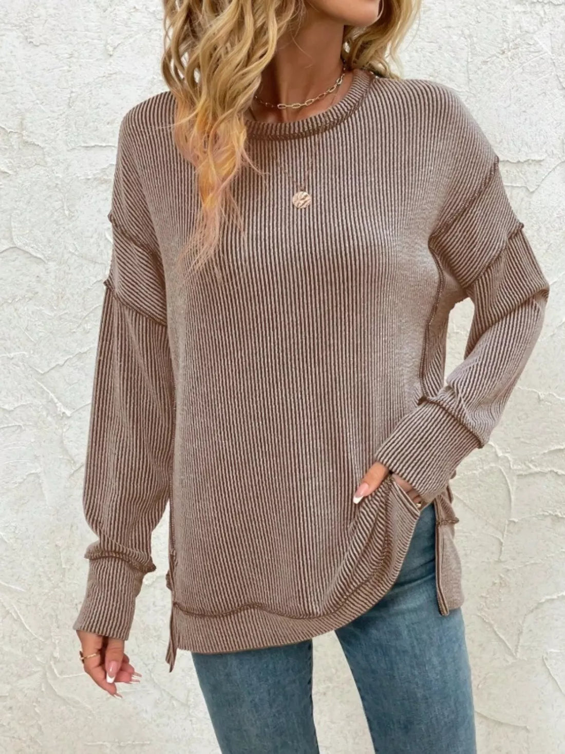 Side Slit Round Neck Sweatshirt