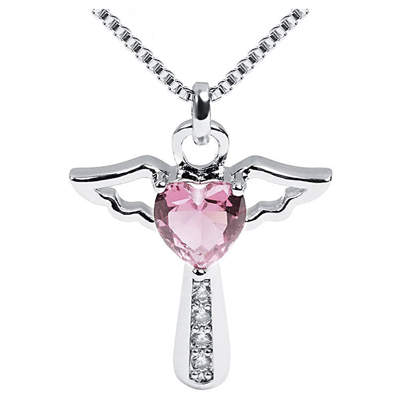 European And American Necklace Cross-border Amazon WISH Cross Wings Peach Heart Necklace Multi-color Zircon Crystal Pendant For Women