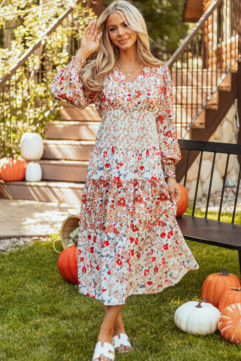 Floral V-Neck Ruffle Long Sleeve Midi Dress