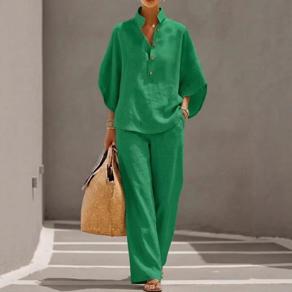 Women's Casual Linen-Look Shirt and Full-Length Pants Set - Image 3