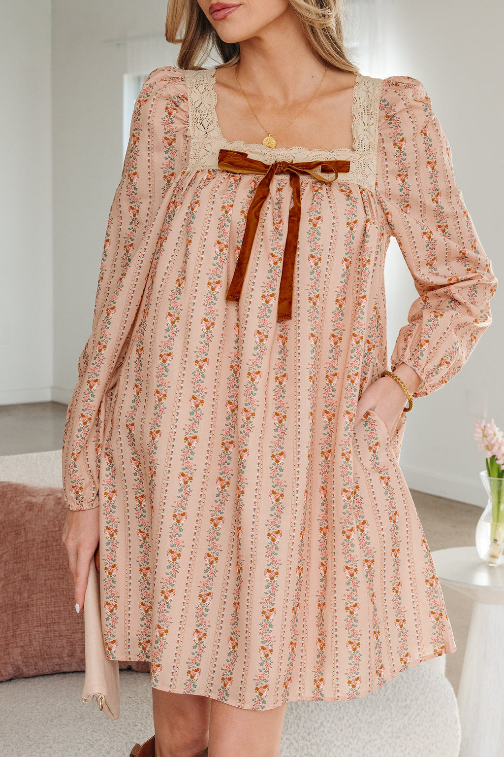 Khaki Floral Lace Velvet Bow Mini Dress | Long Sleeve Loose Fit