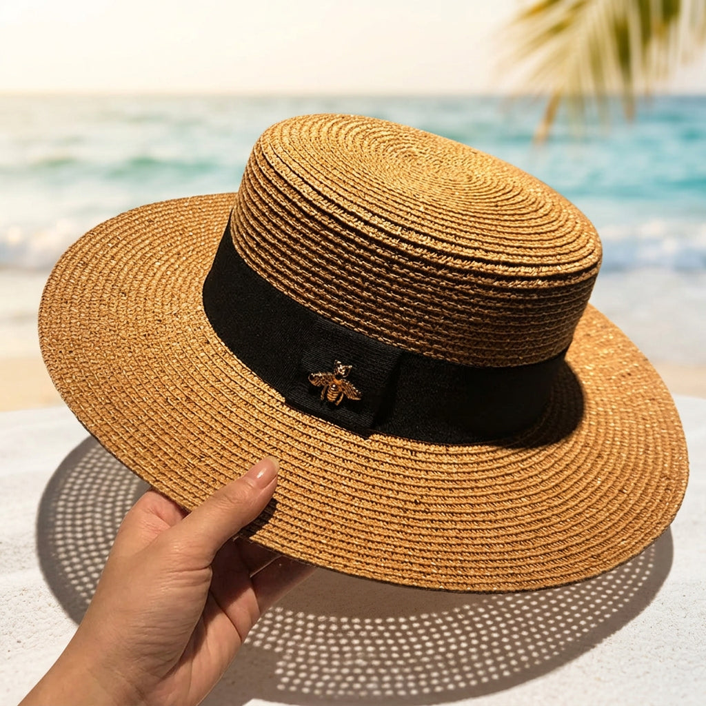 Retro Gold Woven Straw Hat – European & American Flat Top Adjustable Sun Hat