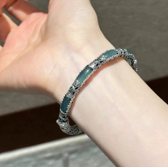 Plain-face Bracelet With An Open Design Featuring Blue-water Jade In A Traditional Ethnic Style
