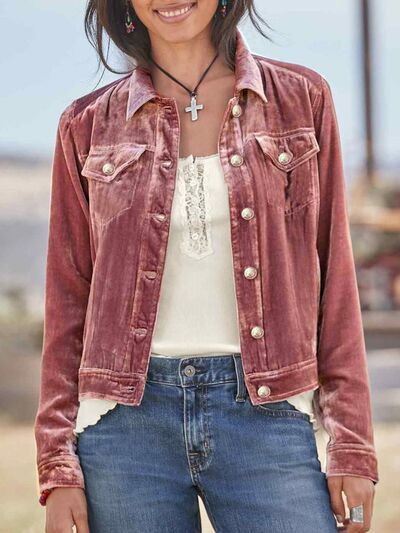 Women's velvet button-up long sleeve jacket with chest pockets