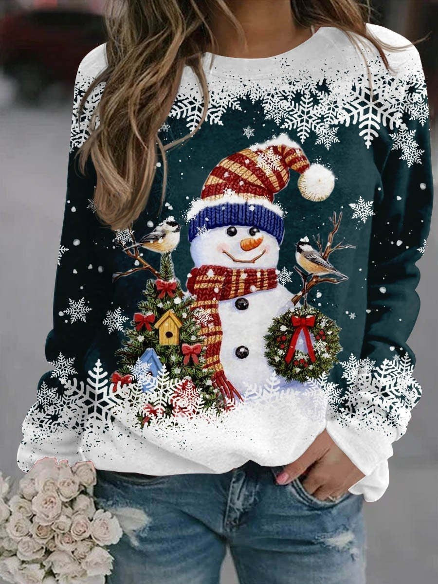 Women's Snowman Printed Panel Loose Sweater