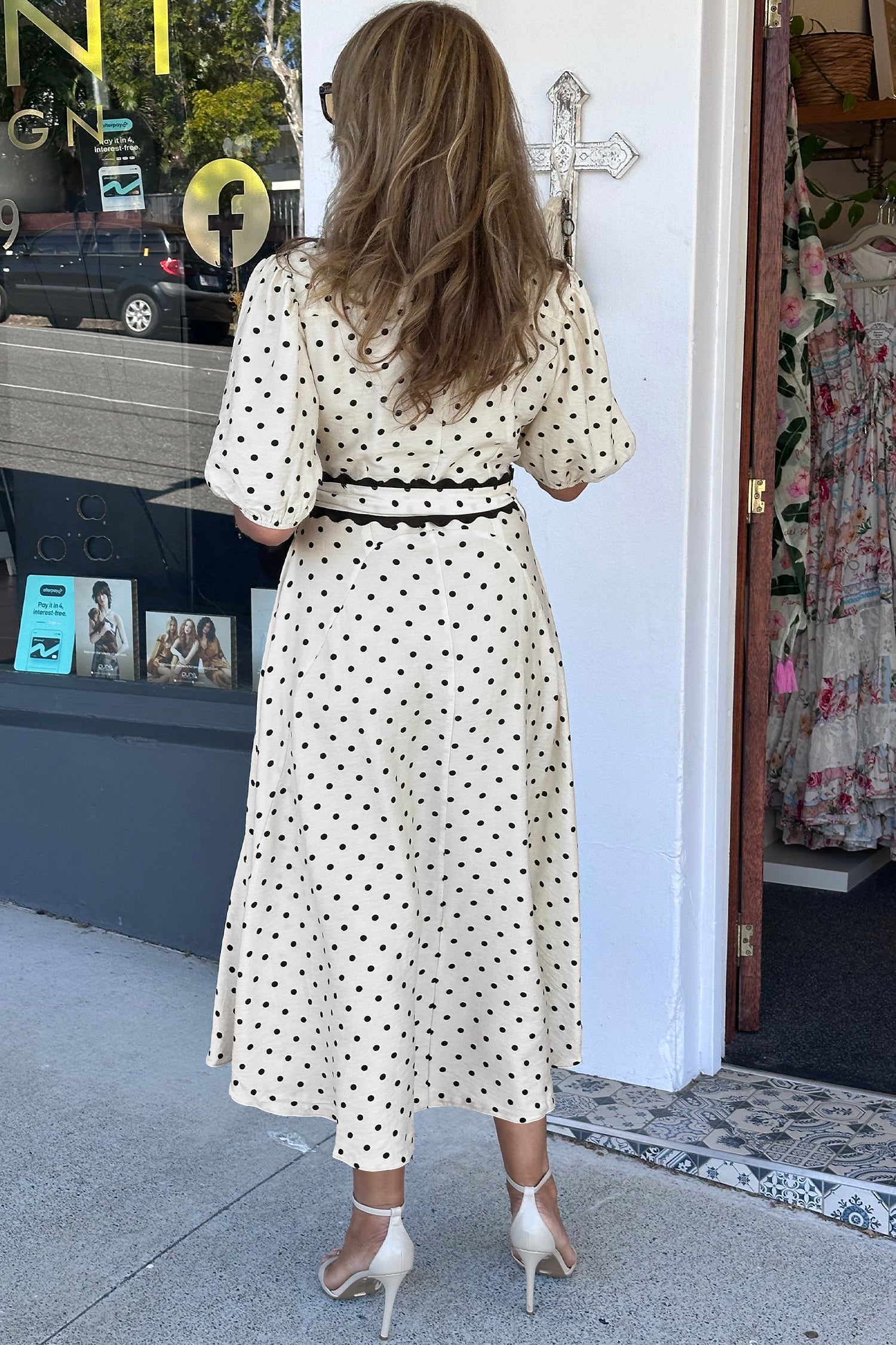 White Polka Dot Midi Dress with Contrast Scalloped Trim