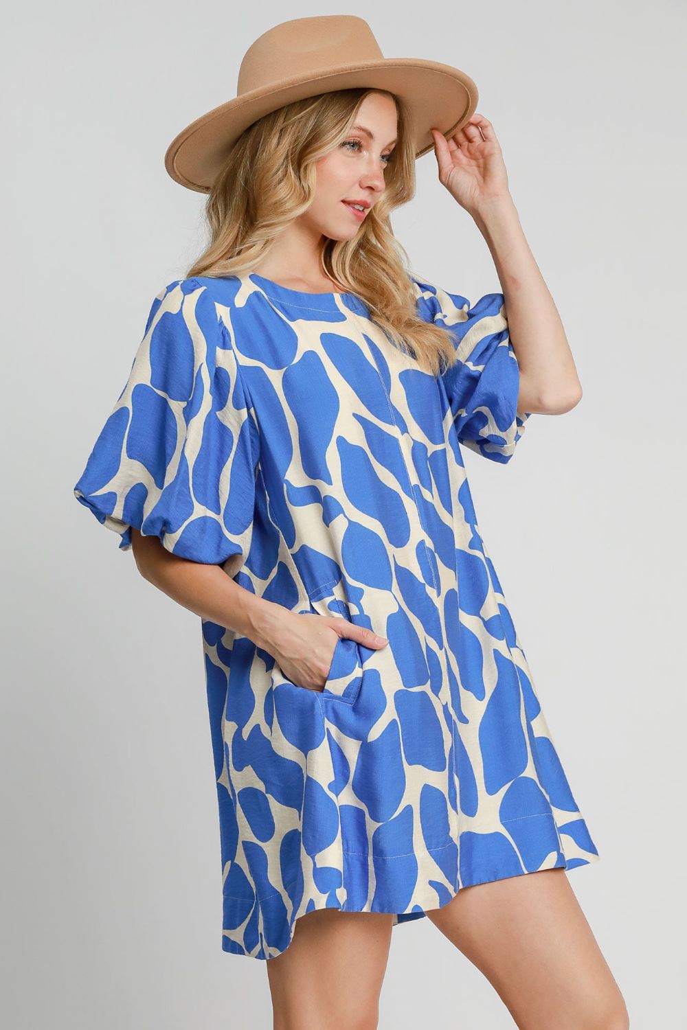 Two Tone Abstract Print Puff Sleeve Mini Dress