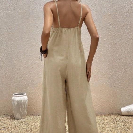 Khaki Relaxed-Fit Sleeveless Jumpsuit with Adjustable Straps