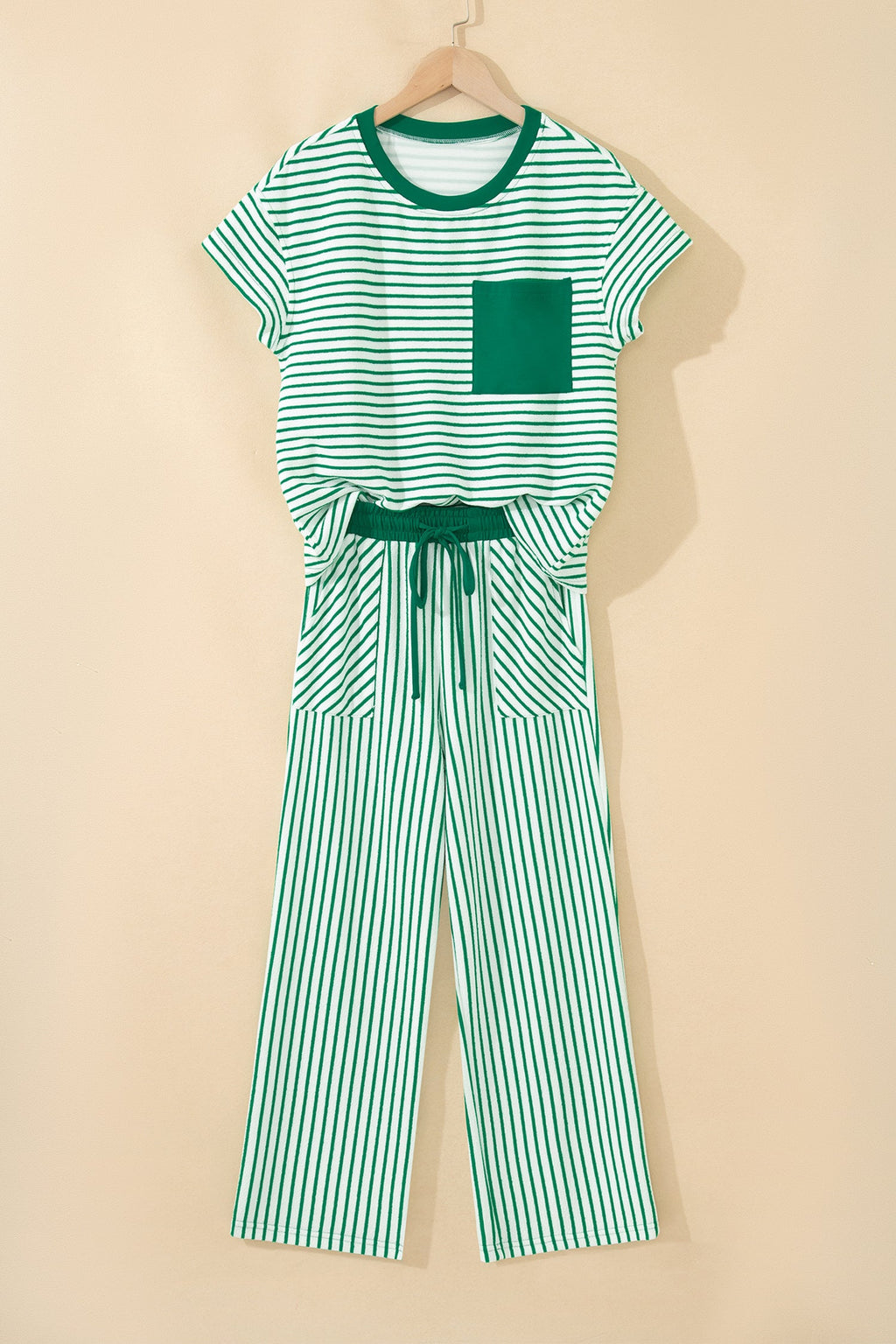 Women's Striped Crew Neck Tee and Drawstring Pants Loungewear Set