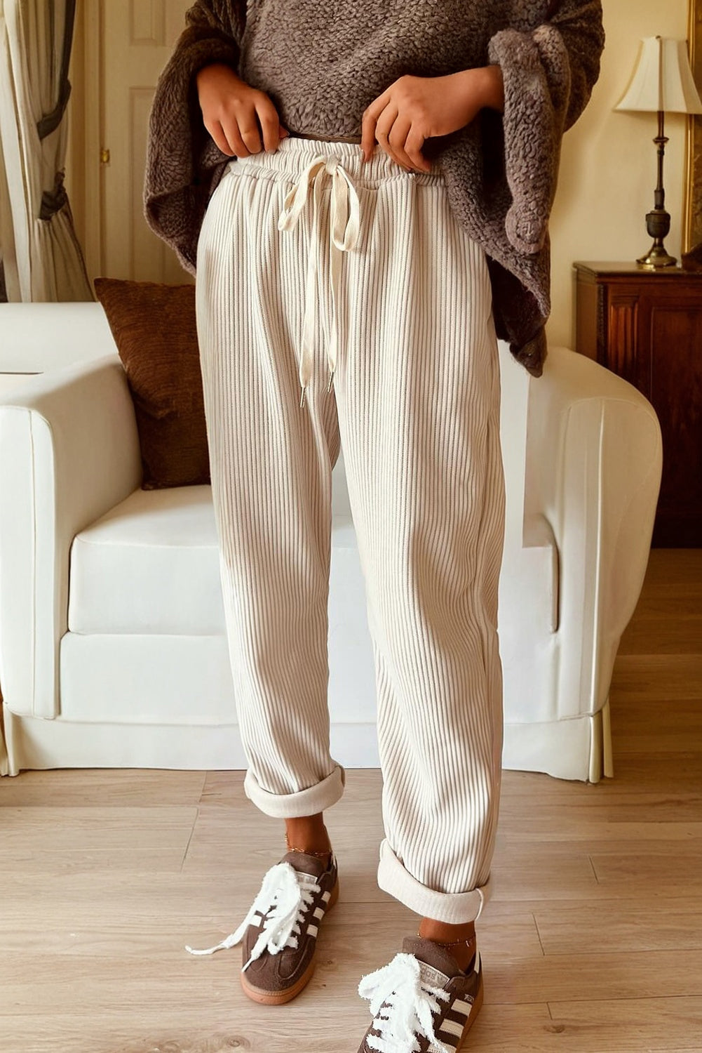Women's Corduroy Relaxed Drawstring Pants High Rise Tapered Loungewear