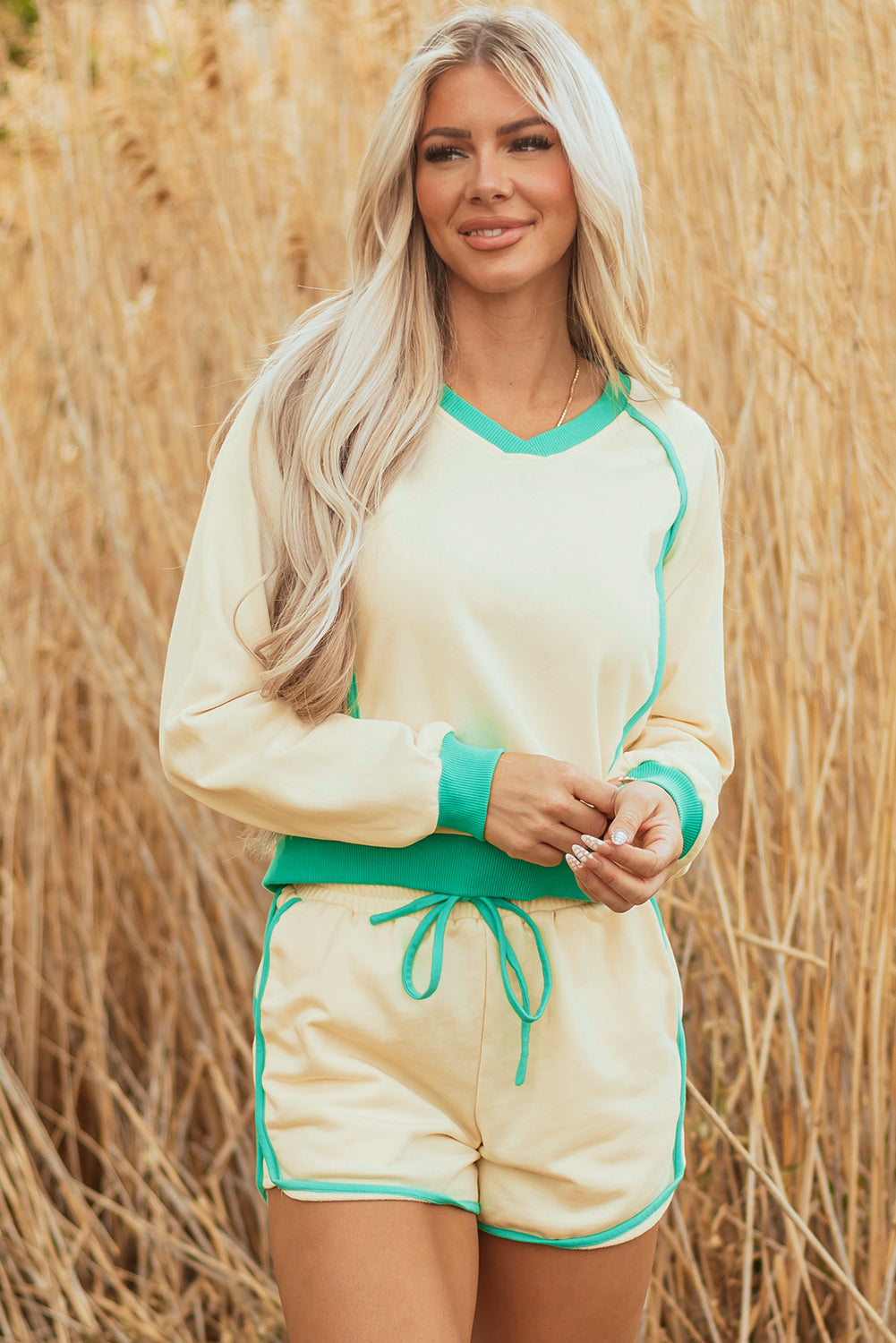 Yellow Long Sleeve Pullover and Drawstring Shorts Lounge Set