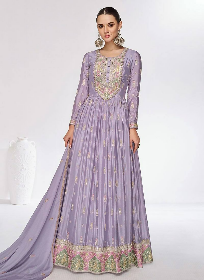 Lavender Chinon gown featuring intricate embroidery and sequin embellishments