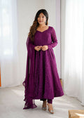 A 3-piece wine georgette kurta set with detailed sequence embroidery and matching dupatta.