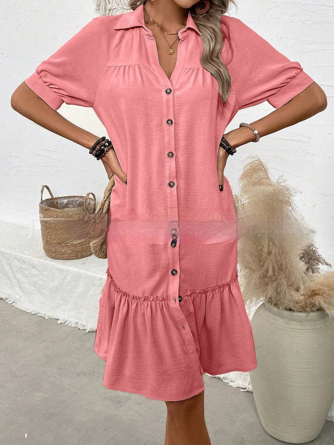 Women's Puff Sleeve Ruffled Hem Mini Dress