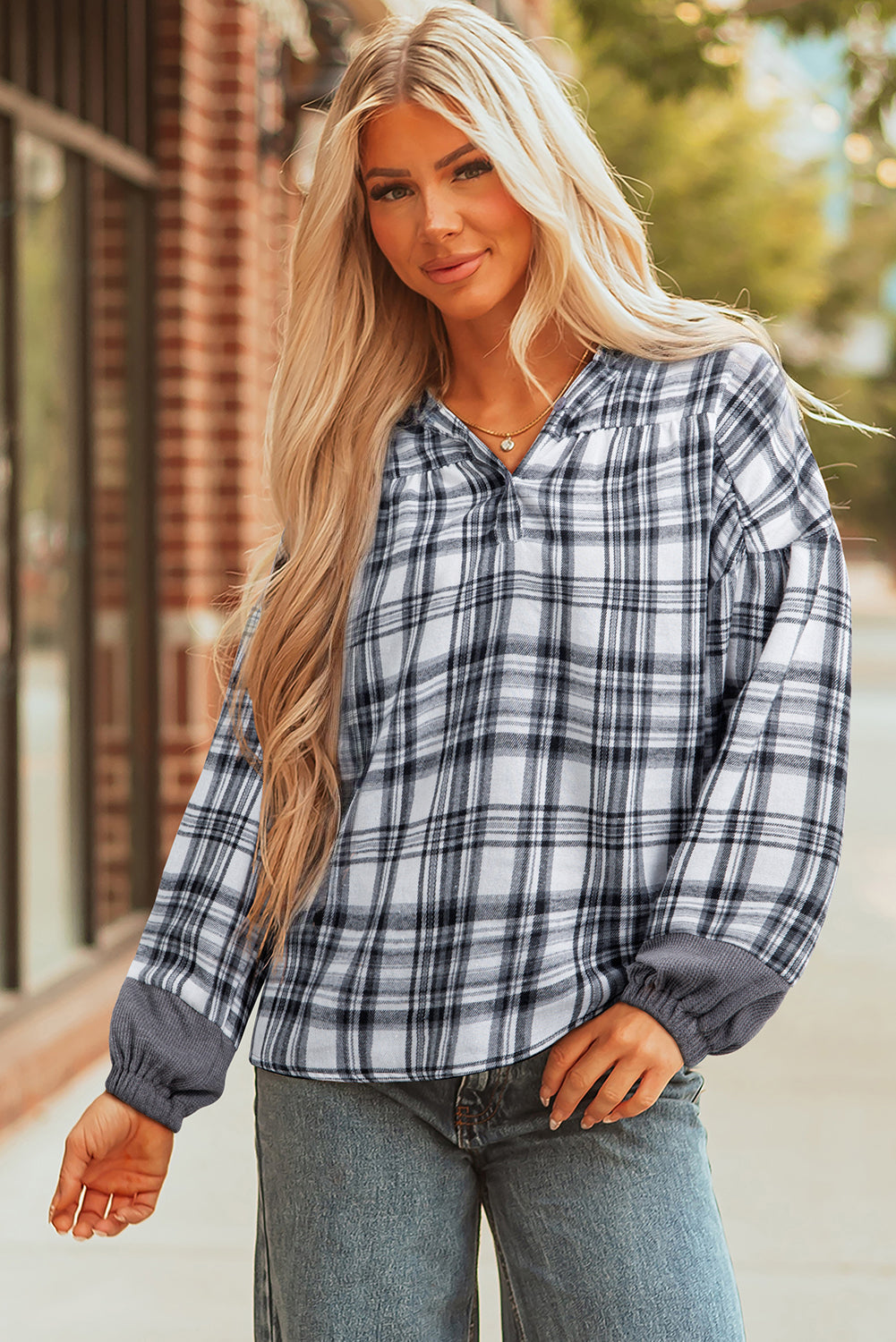 Plaid Quarter-Button Patchwork Long Sleeve Hooded Blouse