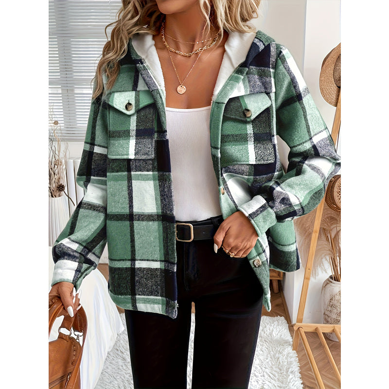 Women's Plaid Fleece Lined Hooded Button Front Casual Jacket
