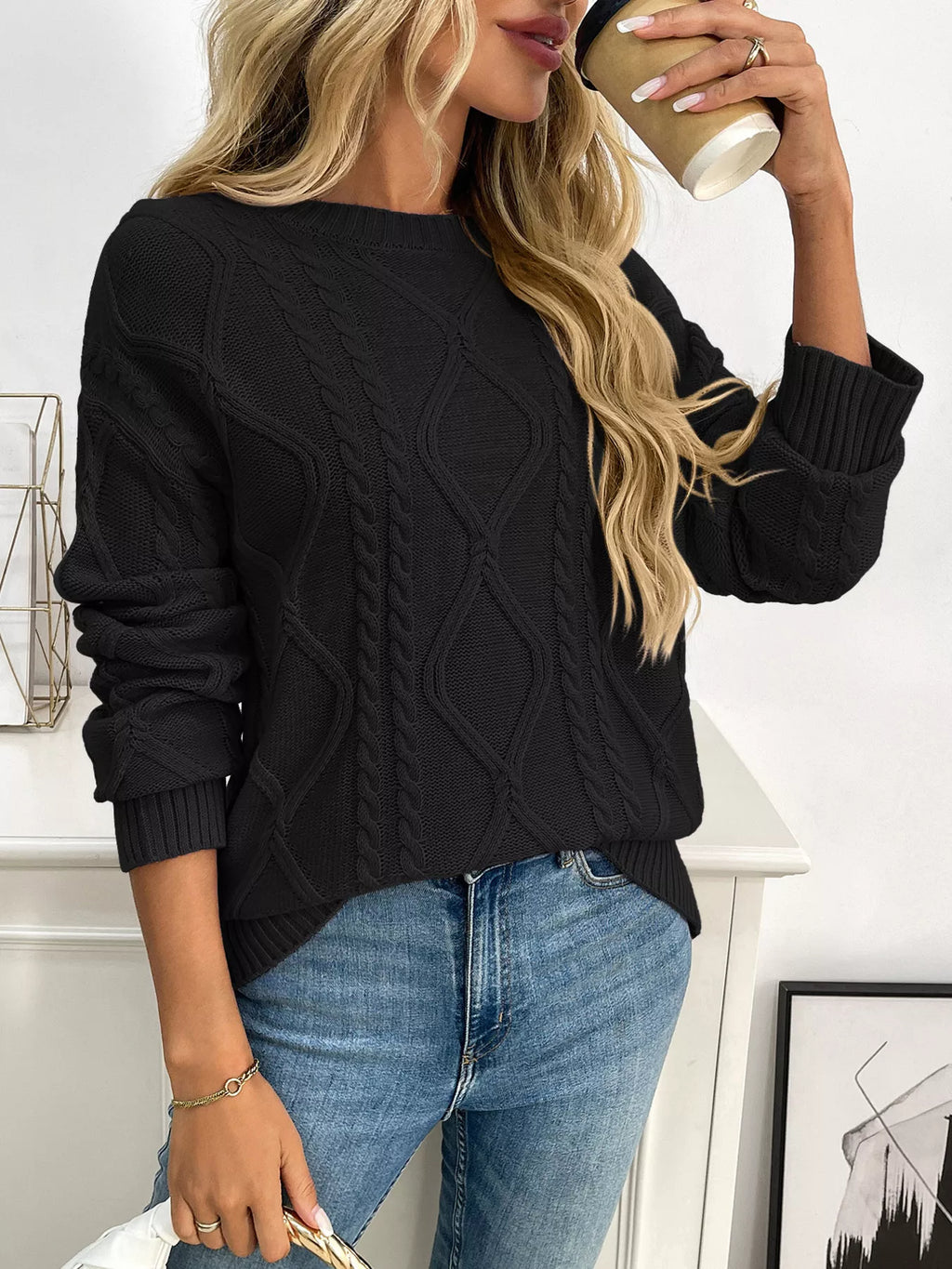 Lavender Cable Knit Round Neck Long Sleeve Sweater - Image 7