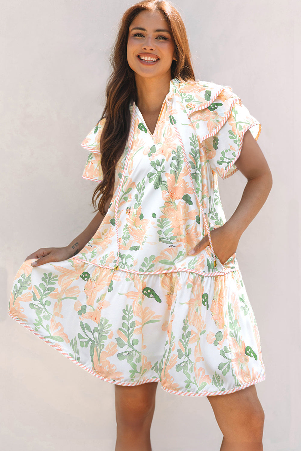Floral V-Neck Layered Short Sleeve Mini Dress