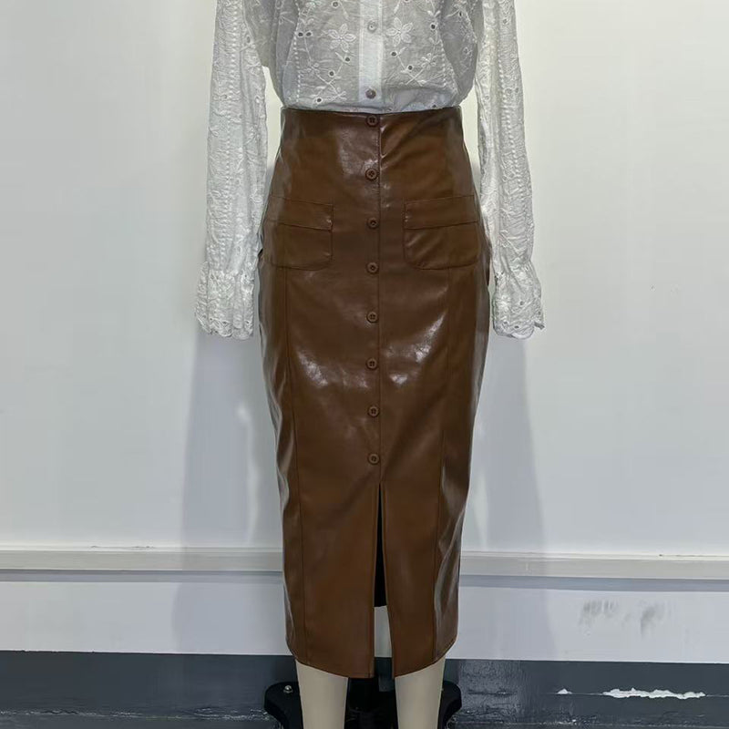 Women's Faux Leather High-Waisted Button Front Midi Skirt