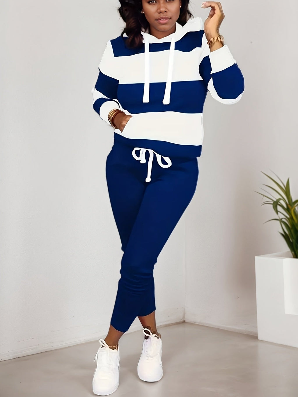 Women's Striped Hooded Sweatshirt and Jogger Two Piece Set