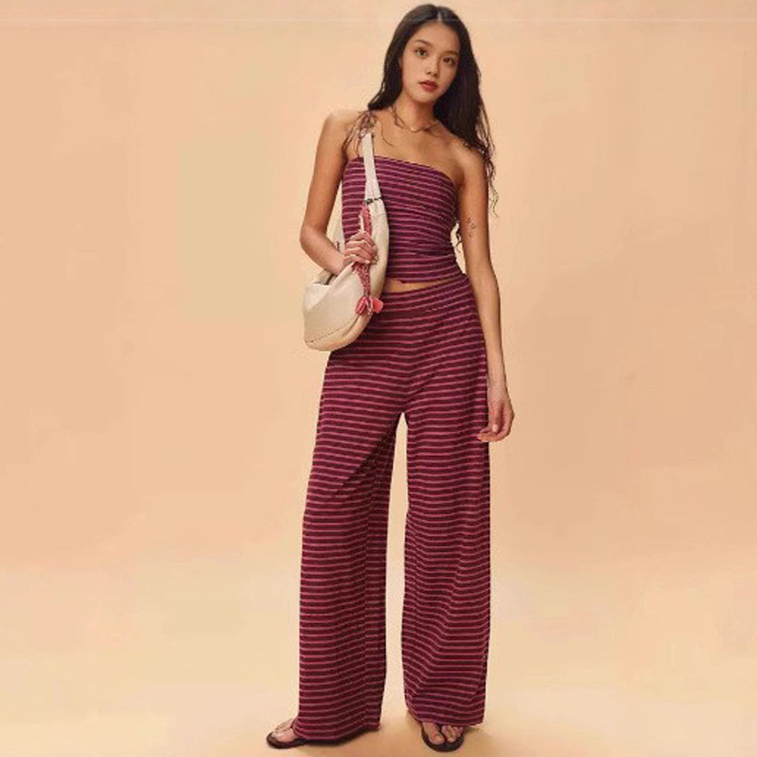 Women's Striped Modal Tube Top and Wide Leg Pants Set - Image 11