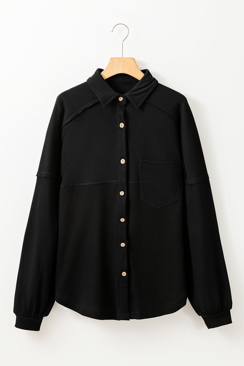 Waffle Knit Patchwork Reverse Seam Button-Up Shacket