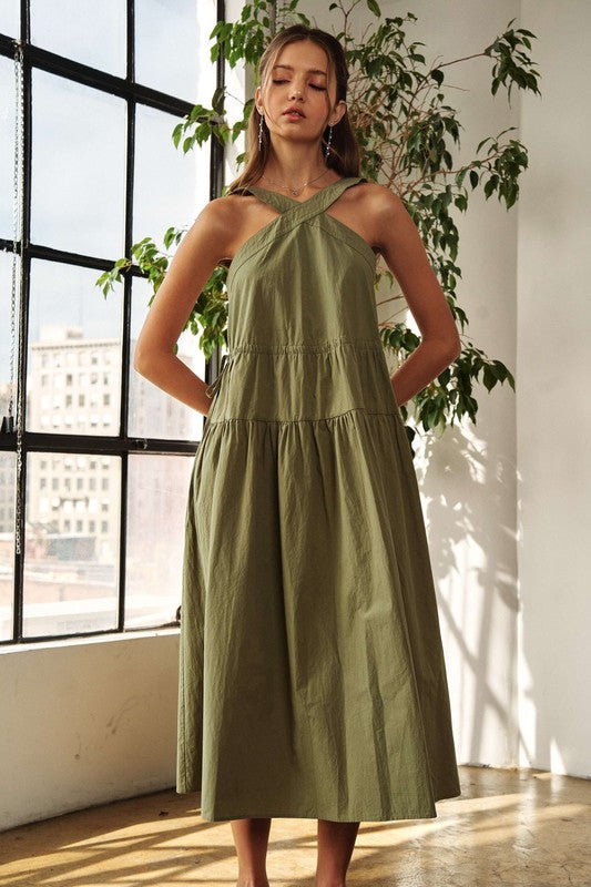 Crisscross Wide Strap Drawstring Midi Dress for Summer