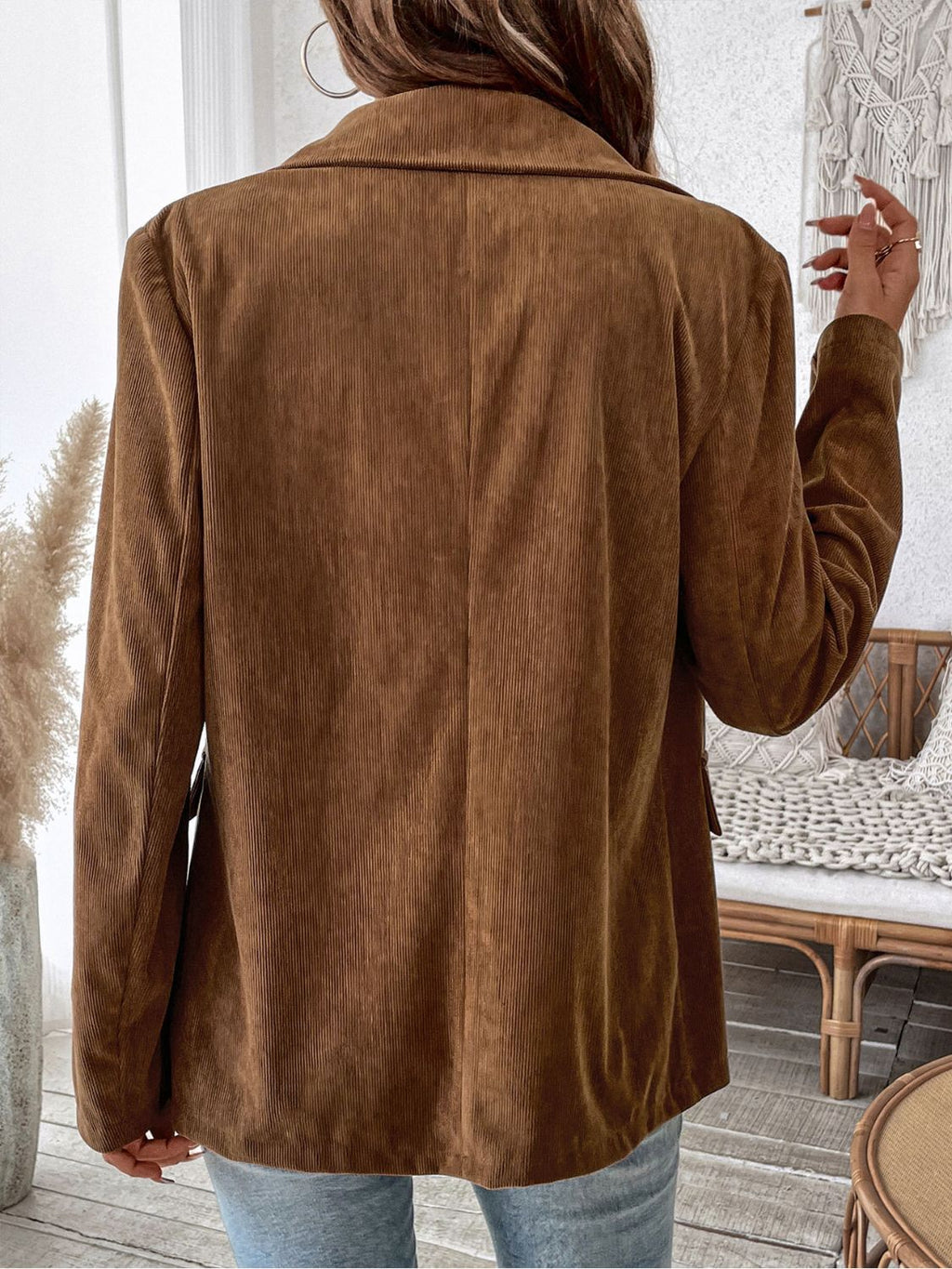 Brown Corduroy Double Breasted Blazer with Flap Pockets - Image 2