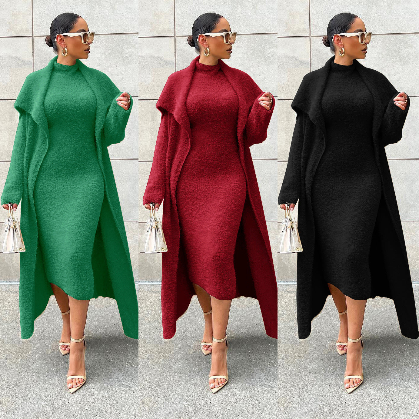 Minimalist Velvet Two-Piece Dress and Long Cardigan Set