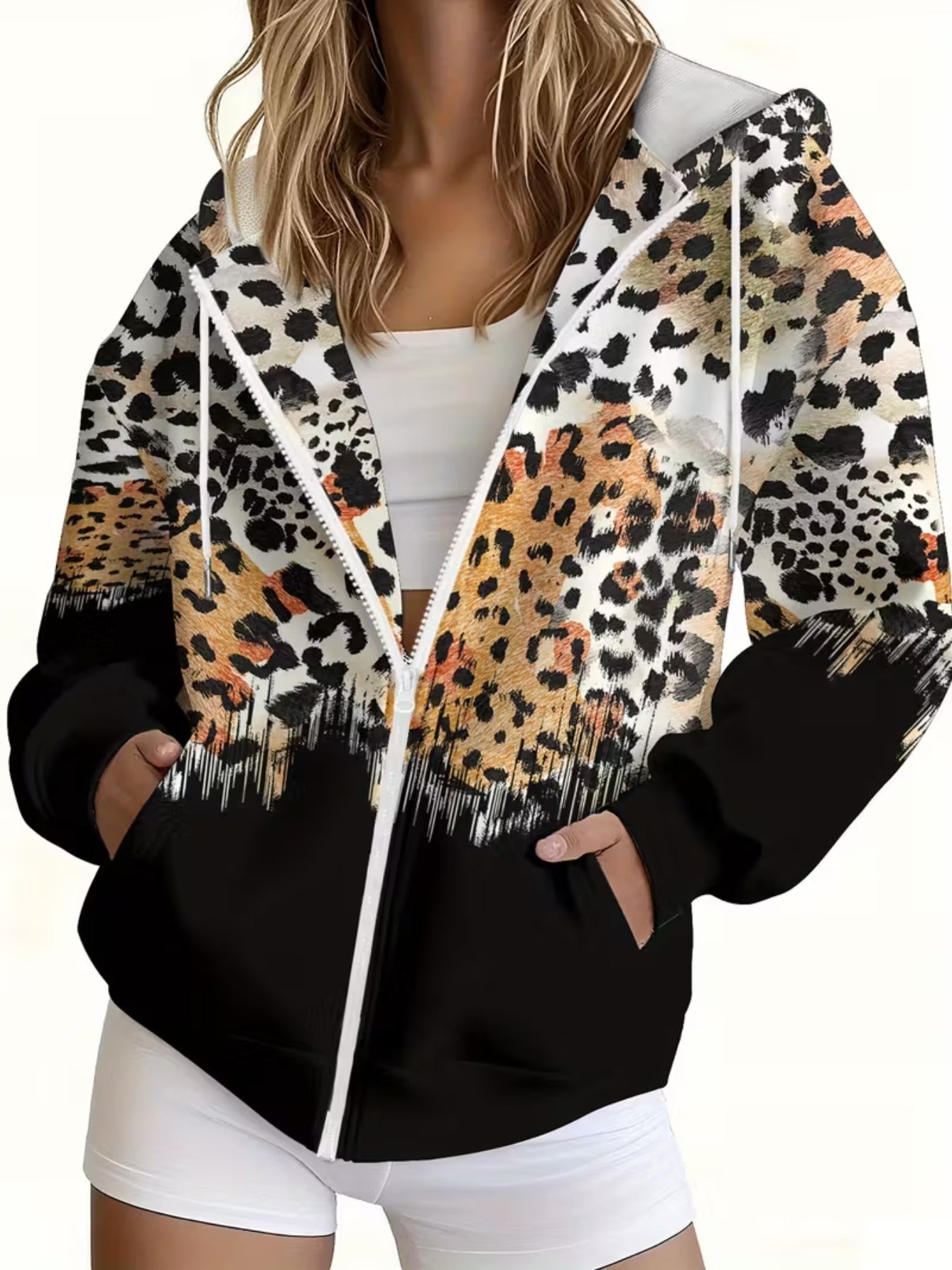 Plus Size Women's Full-Body 3D Gradient Leopard Print Zip-Up Hooded Jacket