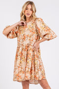 Lightweight linen blend floral babydoll mini dress in beige and orange