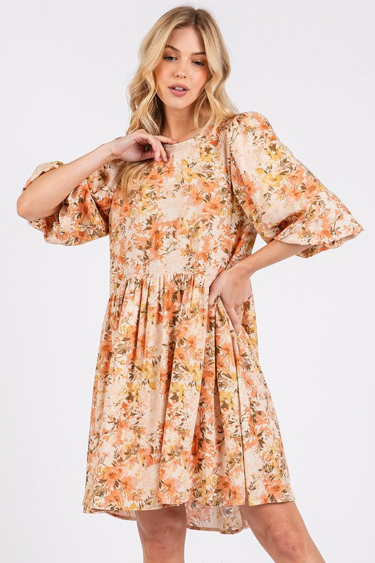 Lightweight linen blend floral babydoll mini dress in beige and orange