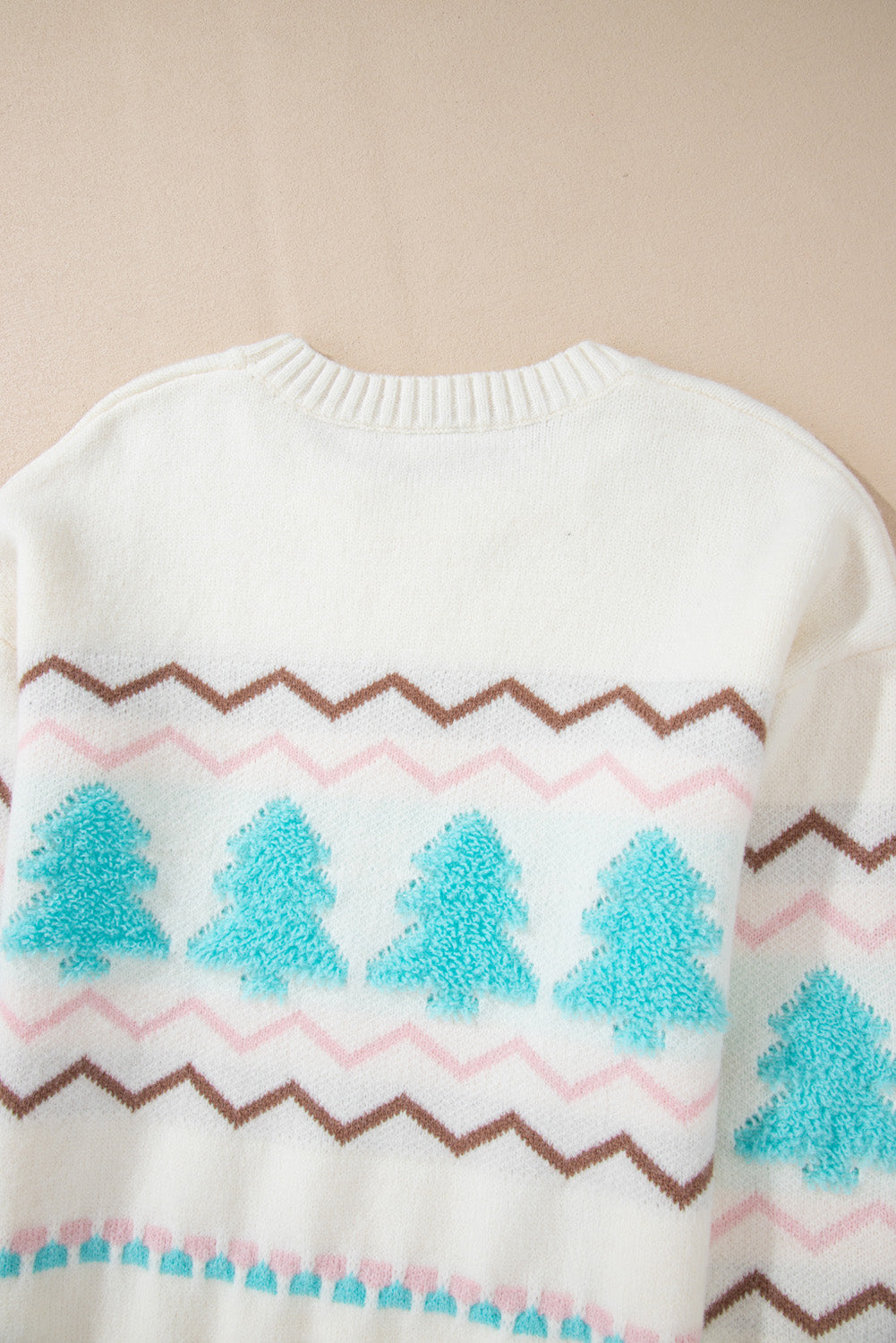 White Tree Pattern Drop Shoulder Sweater with Ribbed Trim