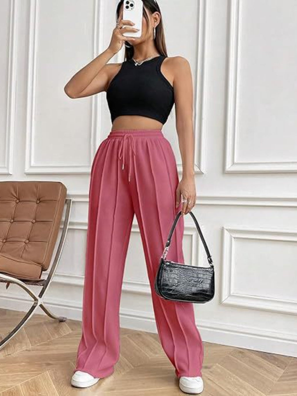 Women's High-Waisted White Drawstring Wide Leg Pants with Pockets - Image 8