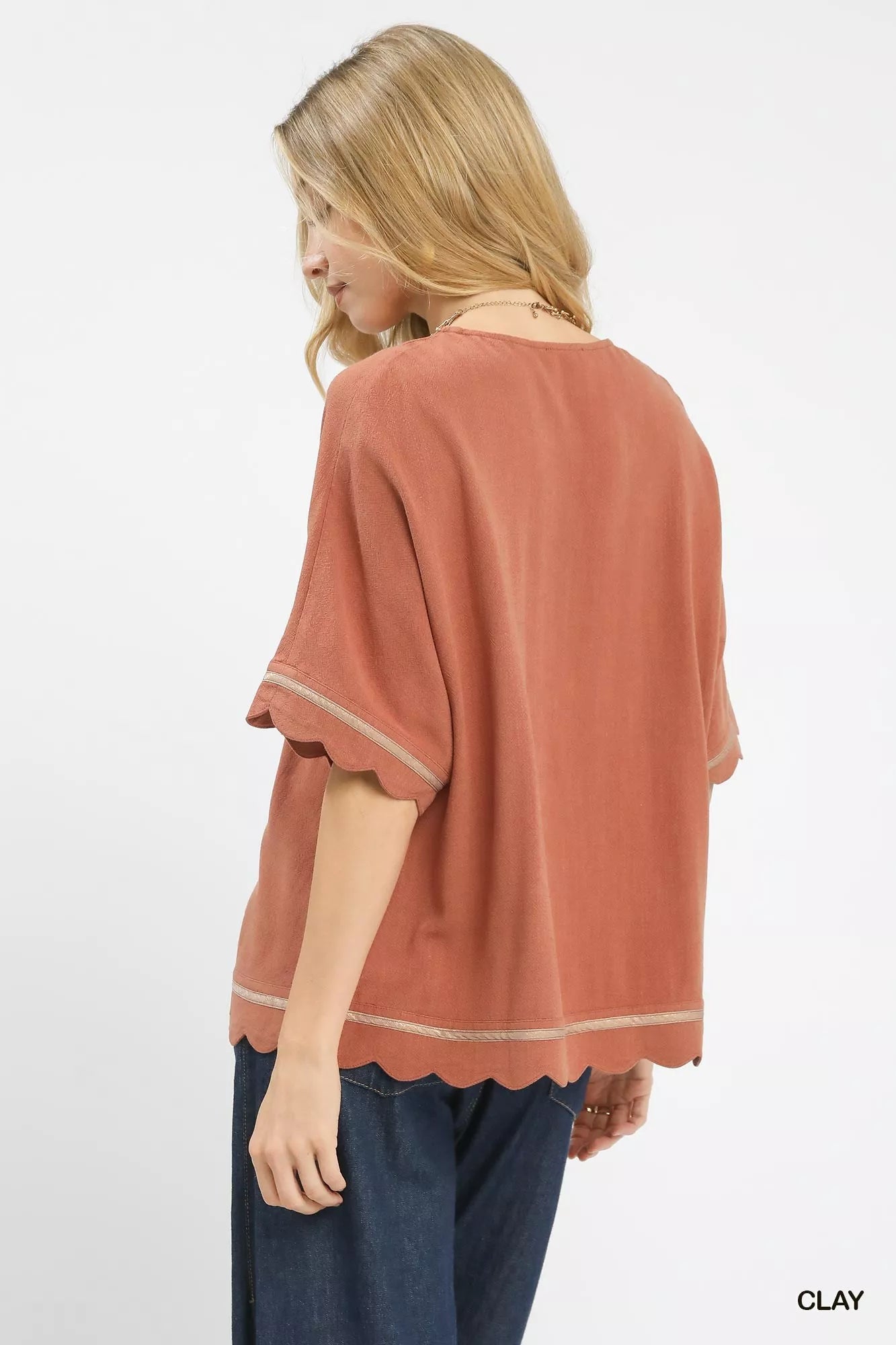 Clay Linen Blend Scallop Trim Top