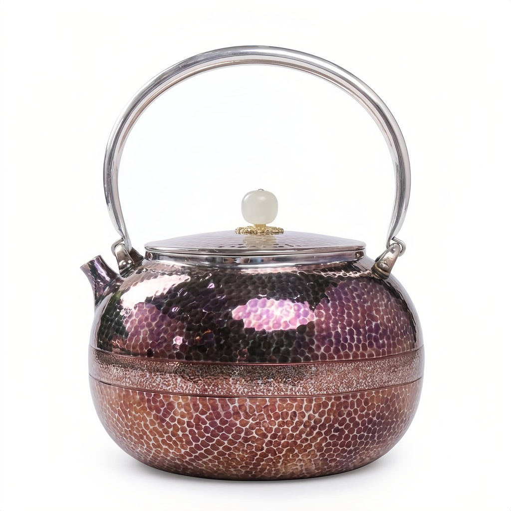 Pure 999 Fine Silver Exquisite Hammered Metallic Teapot with High Arched Handle and Decorative Accents - Handicraft