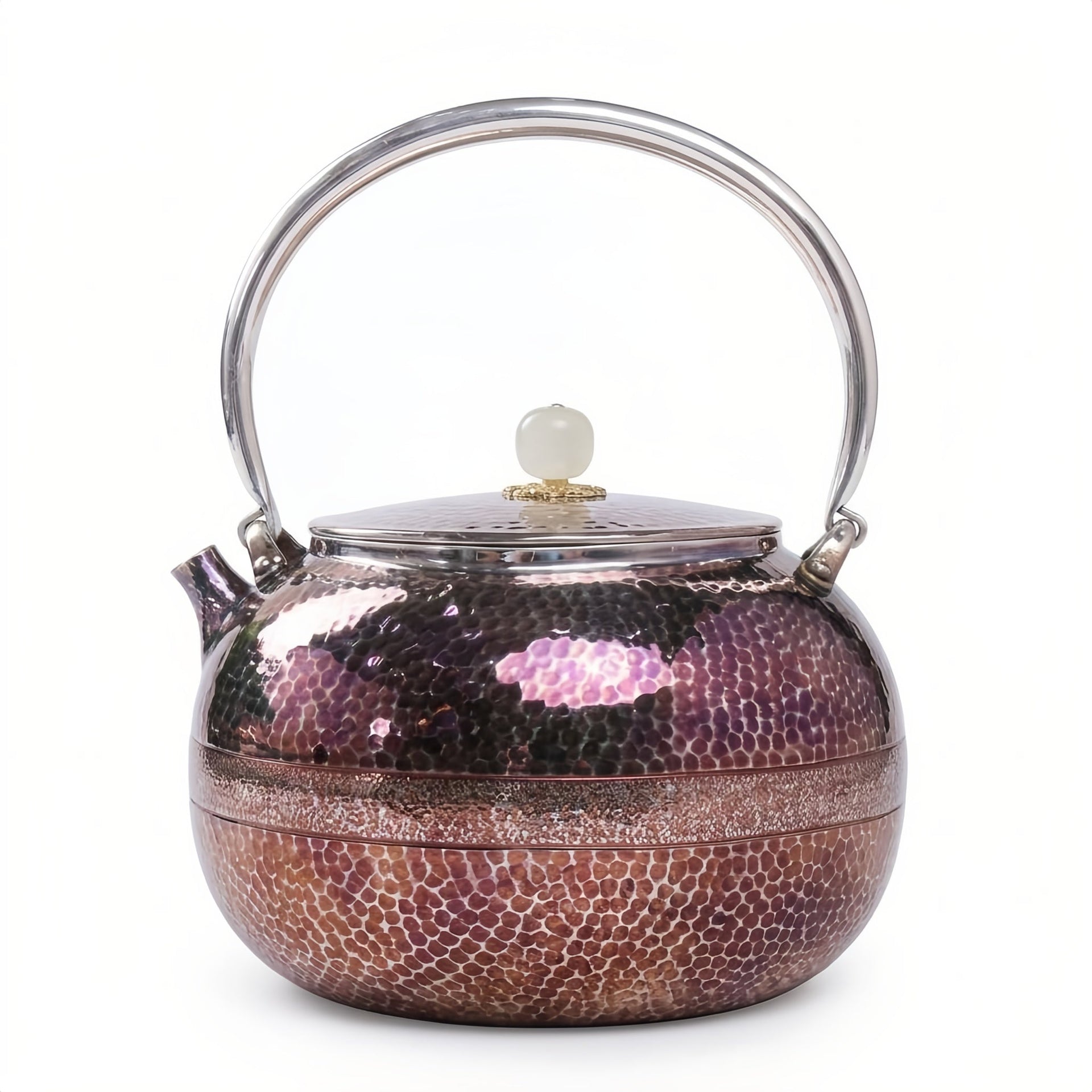 Pure 999 Fine Silver Exquisite Hammered Metallic Teapot with High Arched Handle and Decorative Accents - Handicraft