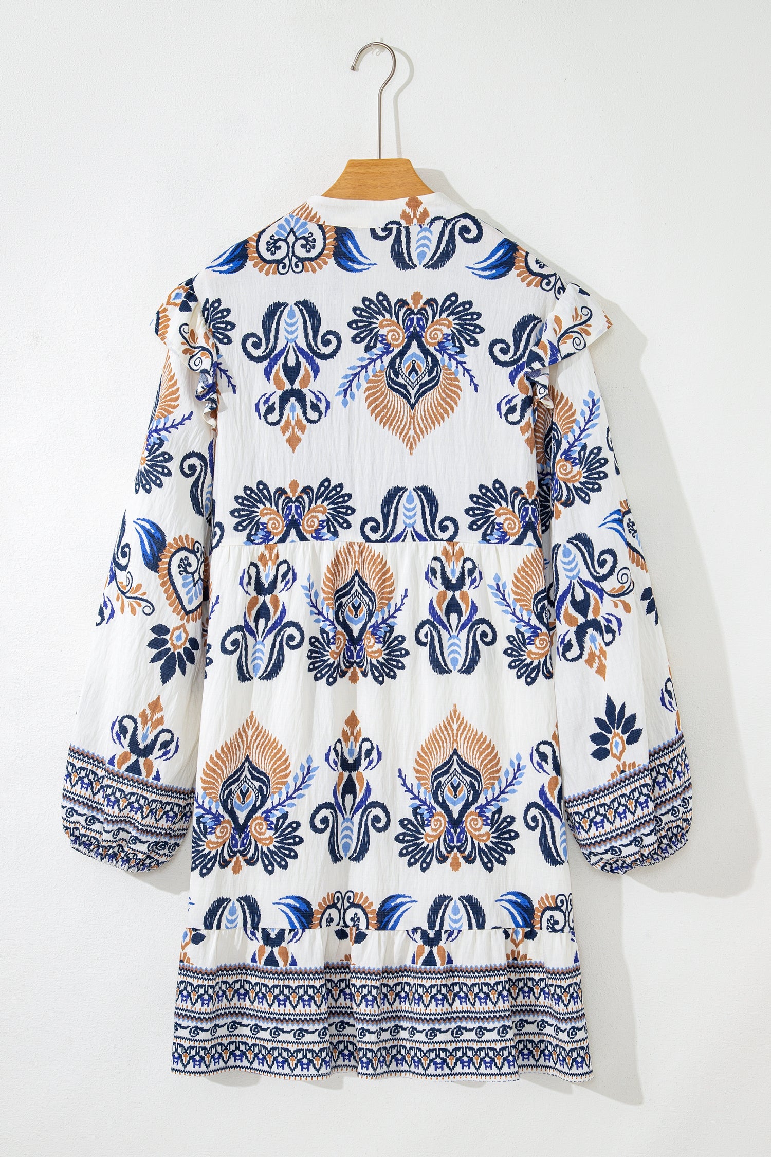 Kennedi Long Sleeve Split Neck Mini Dress in White Blue and Brown