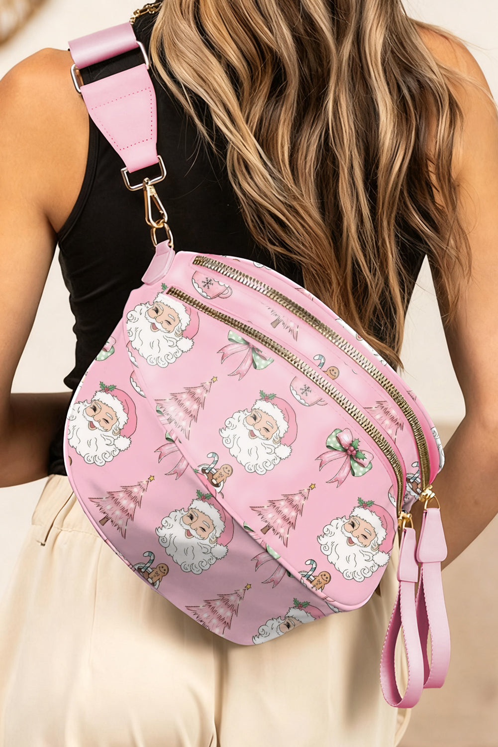 White HO HO HO Print Double Zip Crossbody Bag
