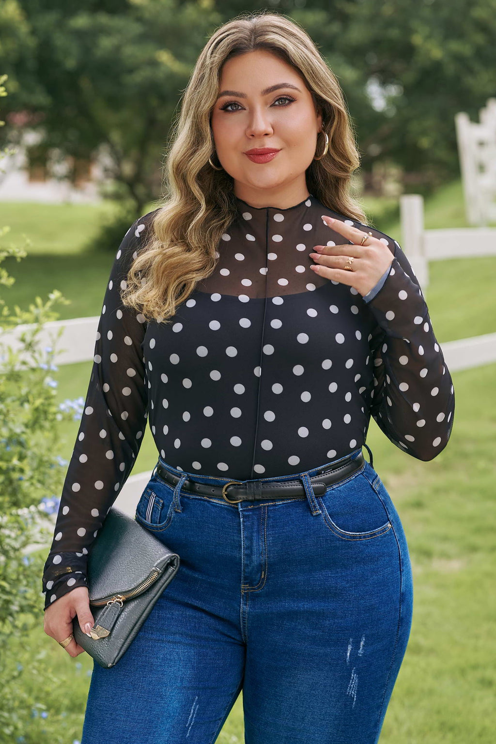 Polka Dot Mesh Long Sleeve Top Colorblock Modern Minimalist Tee