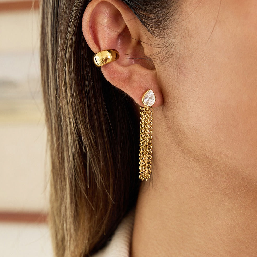 18K Gold Titanium Steel Zircon Tassel Chain Drop Earrings
