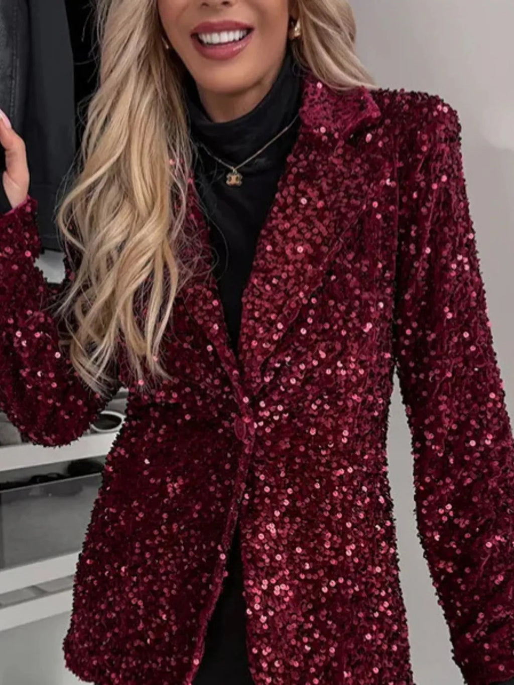 Sequin Lapel Collar Long Sleeve Blazer