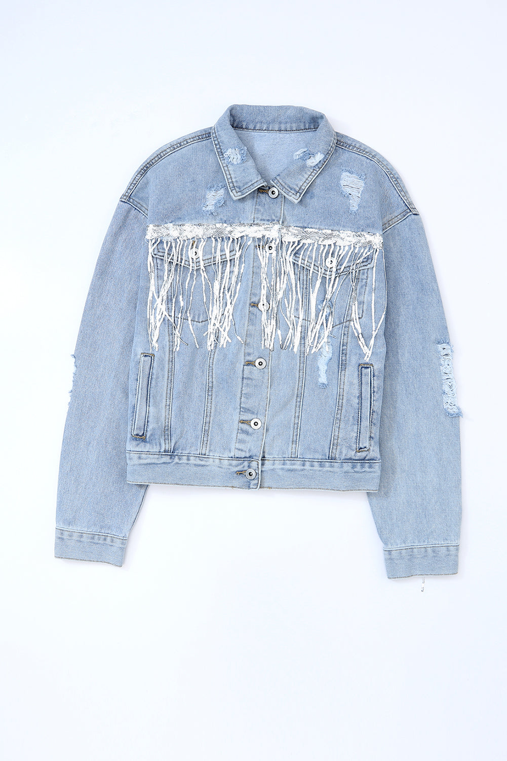Blue Sequined Fringe Distressed Button Up Denim Jacket