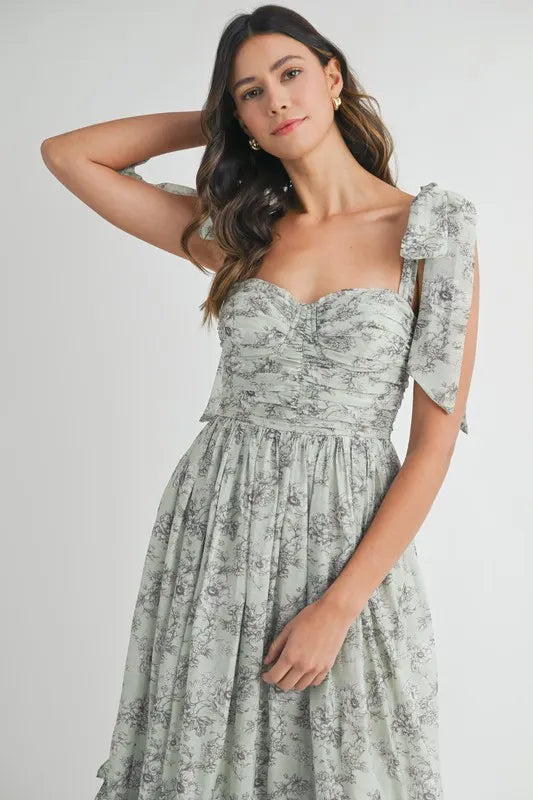 Floral Bust Ruched Midi Dress with Shoulder Tie