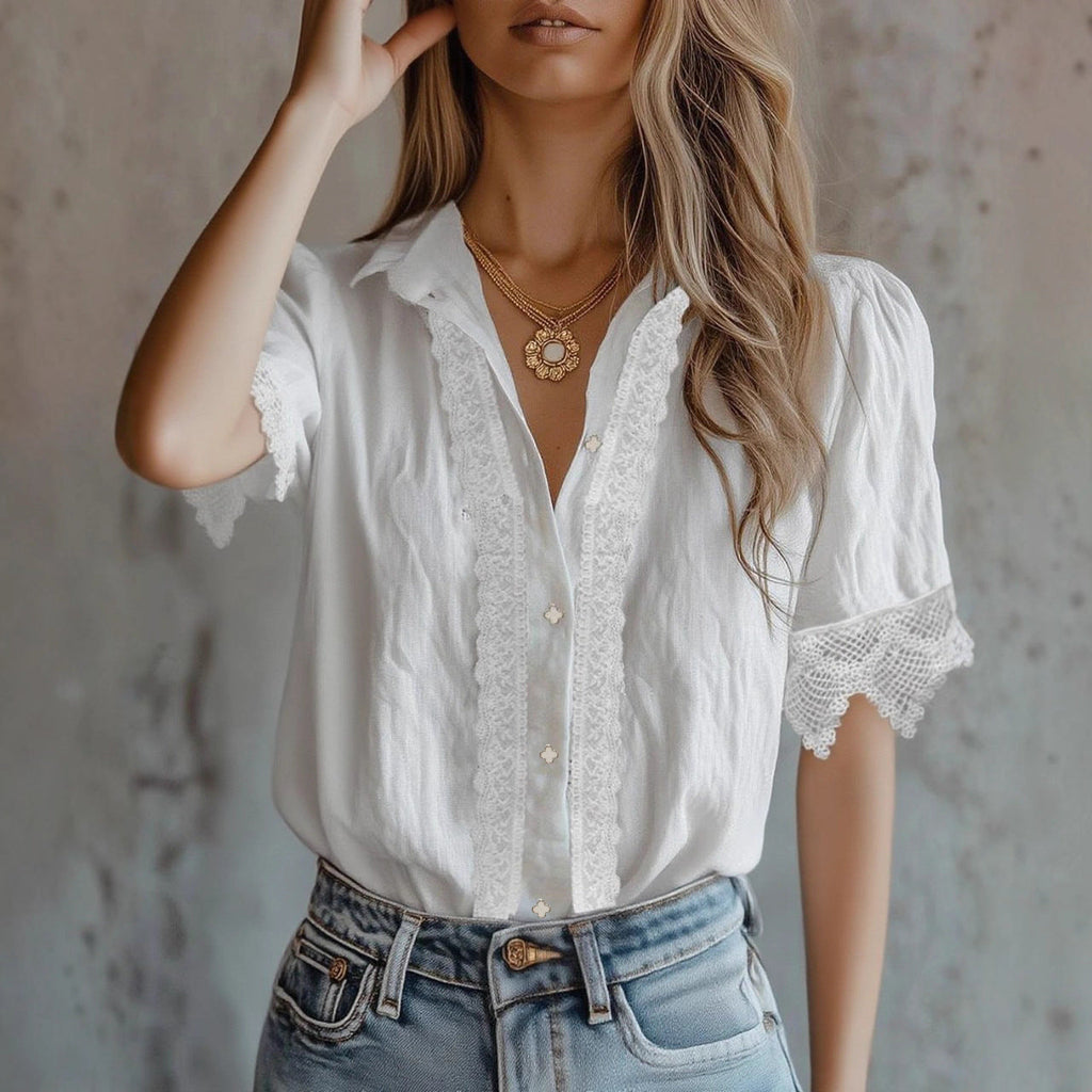 Women's White Lace Trim Puff Sleeve Button Down Blouse - Image 3