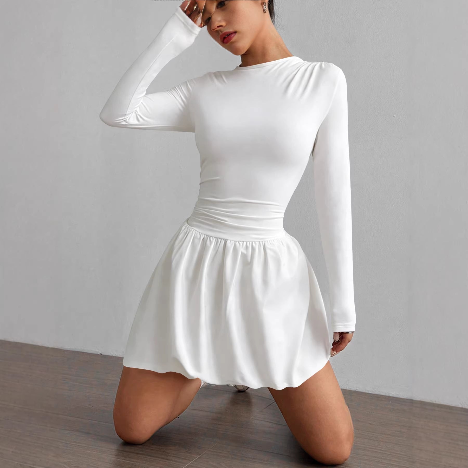 Women's Long Sleeve Mini Dress Solid Color Casual Fit - Image 2