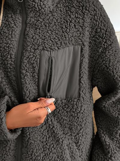 Fuzzy Zip-Up Long Sleeve Jacket Soft Plush Winter Outerwear