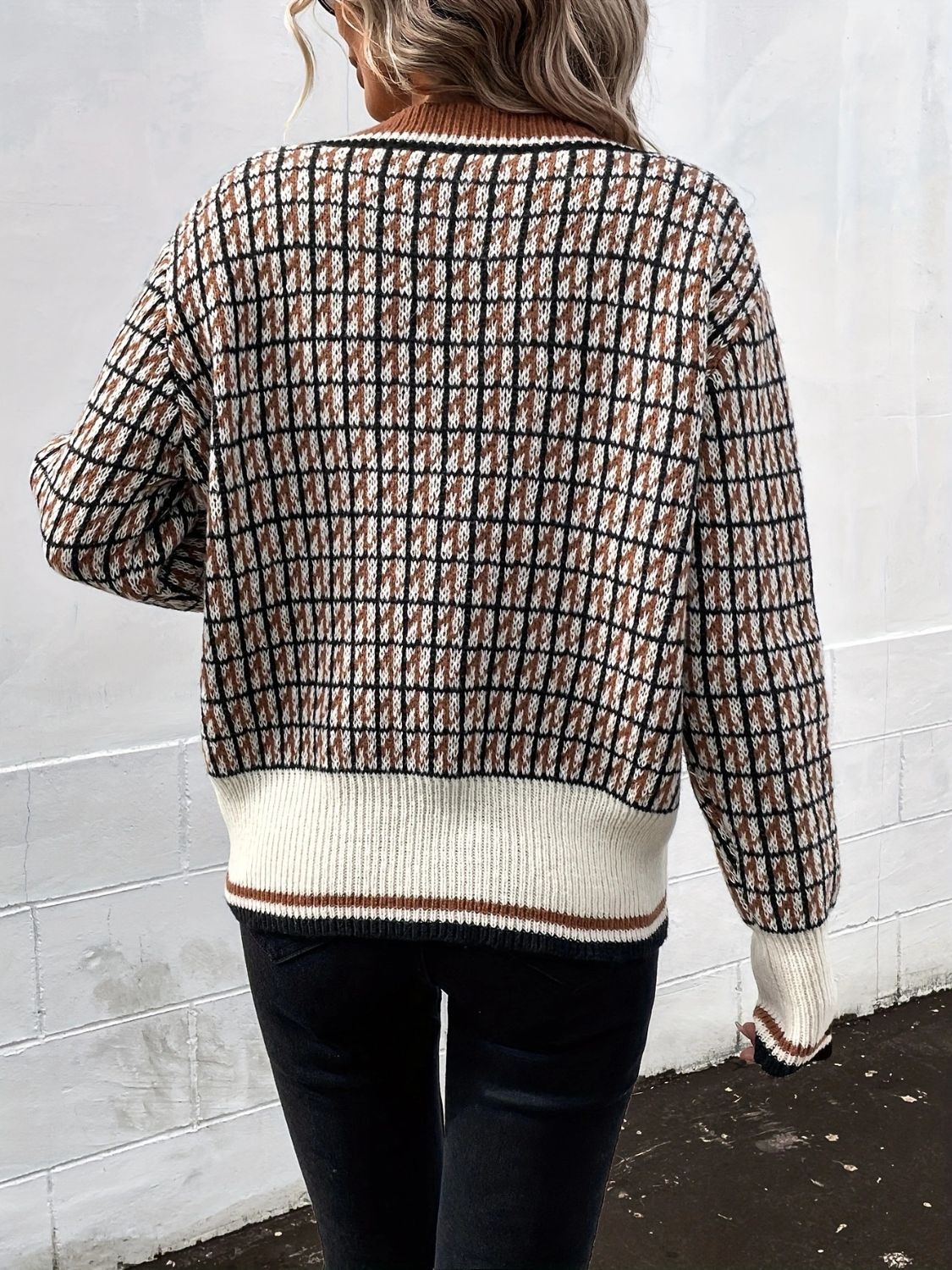 Women's Plaid V-Neck Button Up Knit Cardigan - Image 2